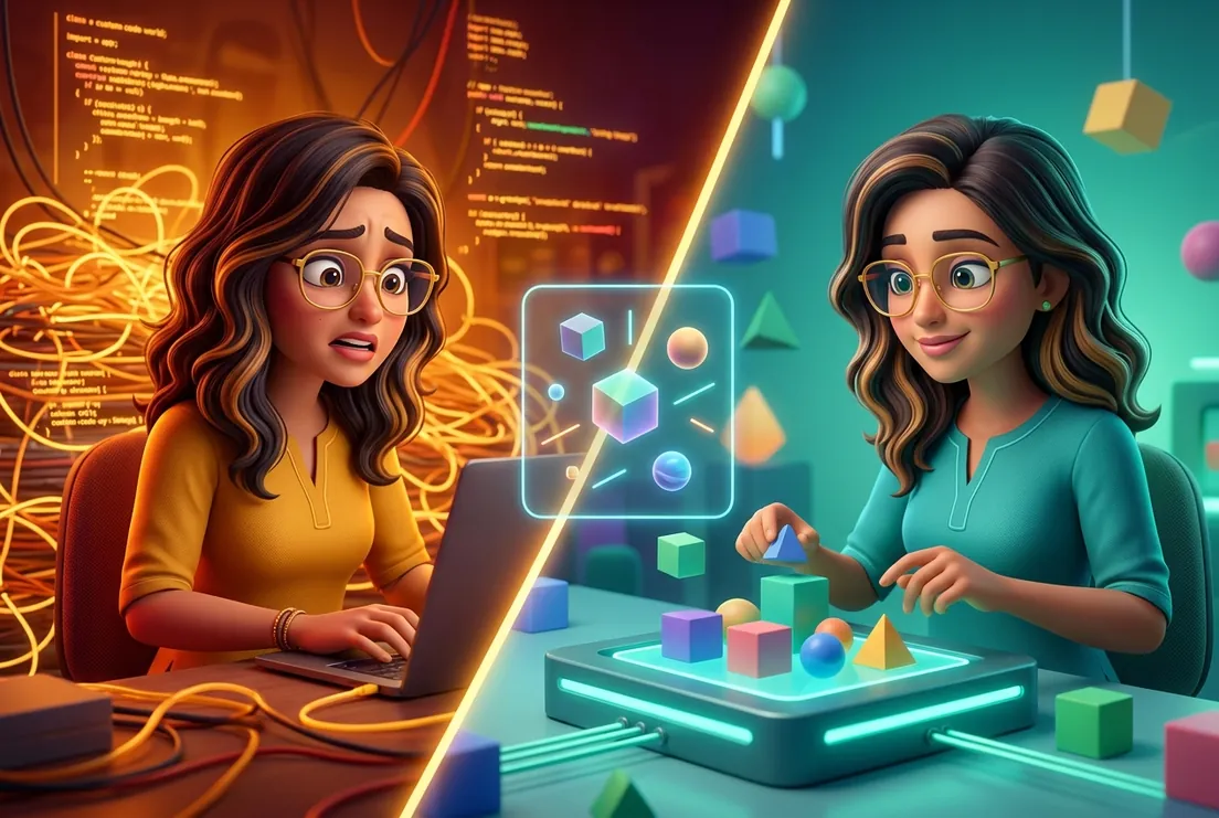 Split picture: on the left, Riya frowns at a laptop amid tangled amber code; on the right, the same Riya calmly snaps coloured blocks into a glowing teal engine.
