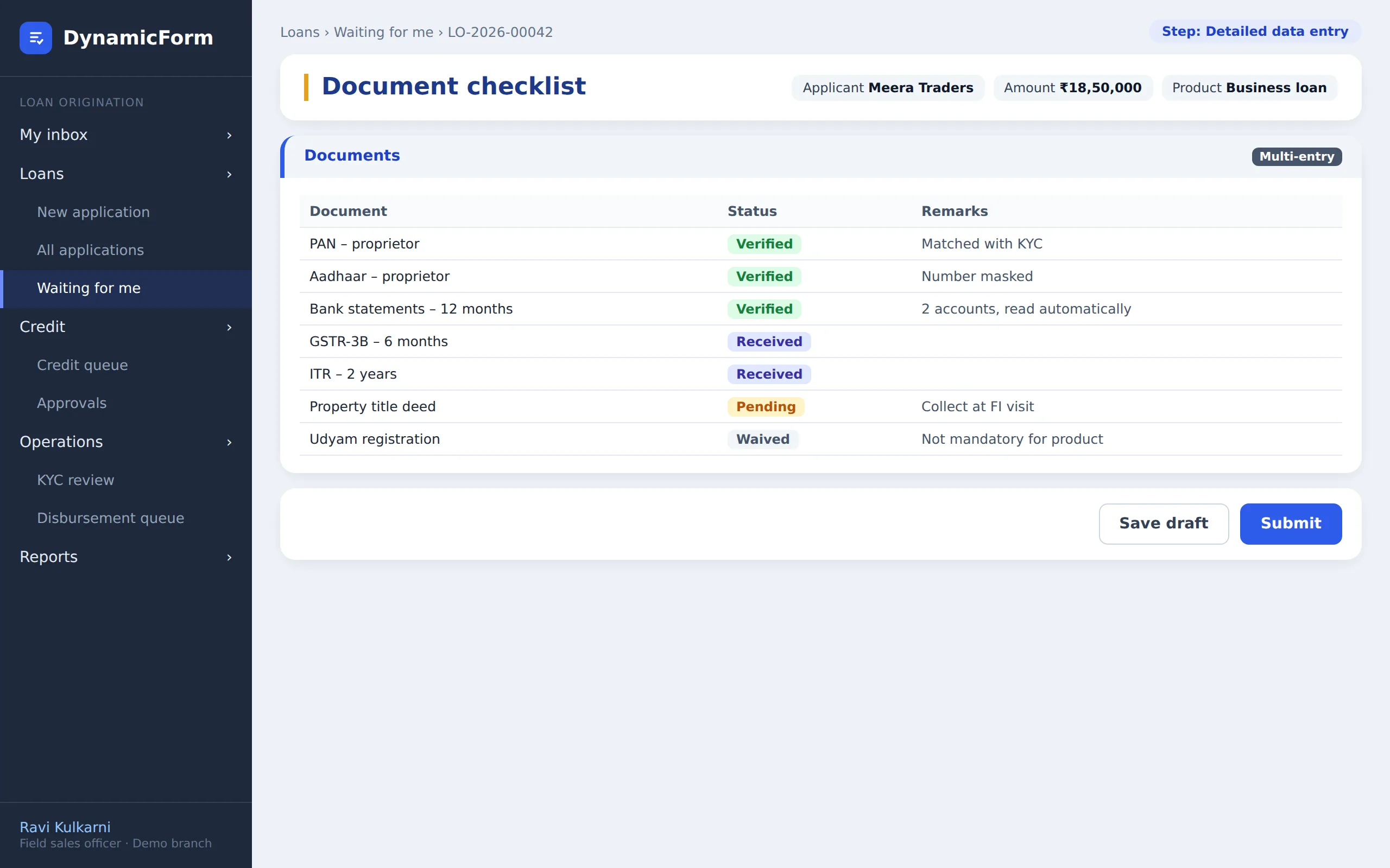 Document checklist screen in the loan example (illustrative, invented data)