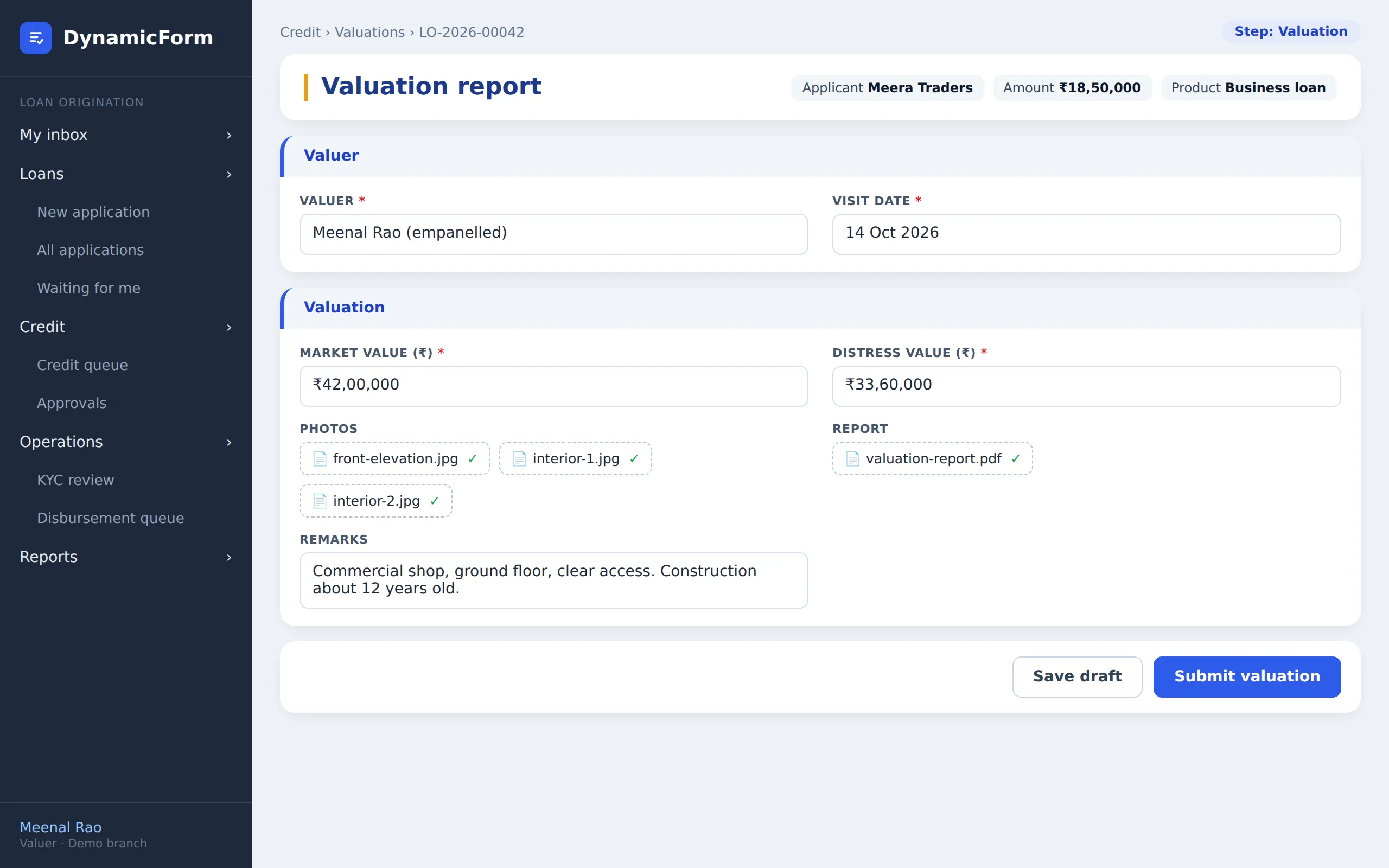 Valuation report screen in the loan example (illustrative, invented data)