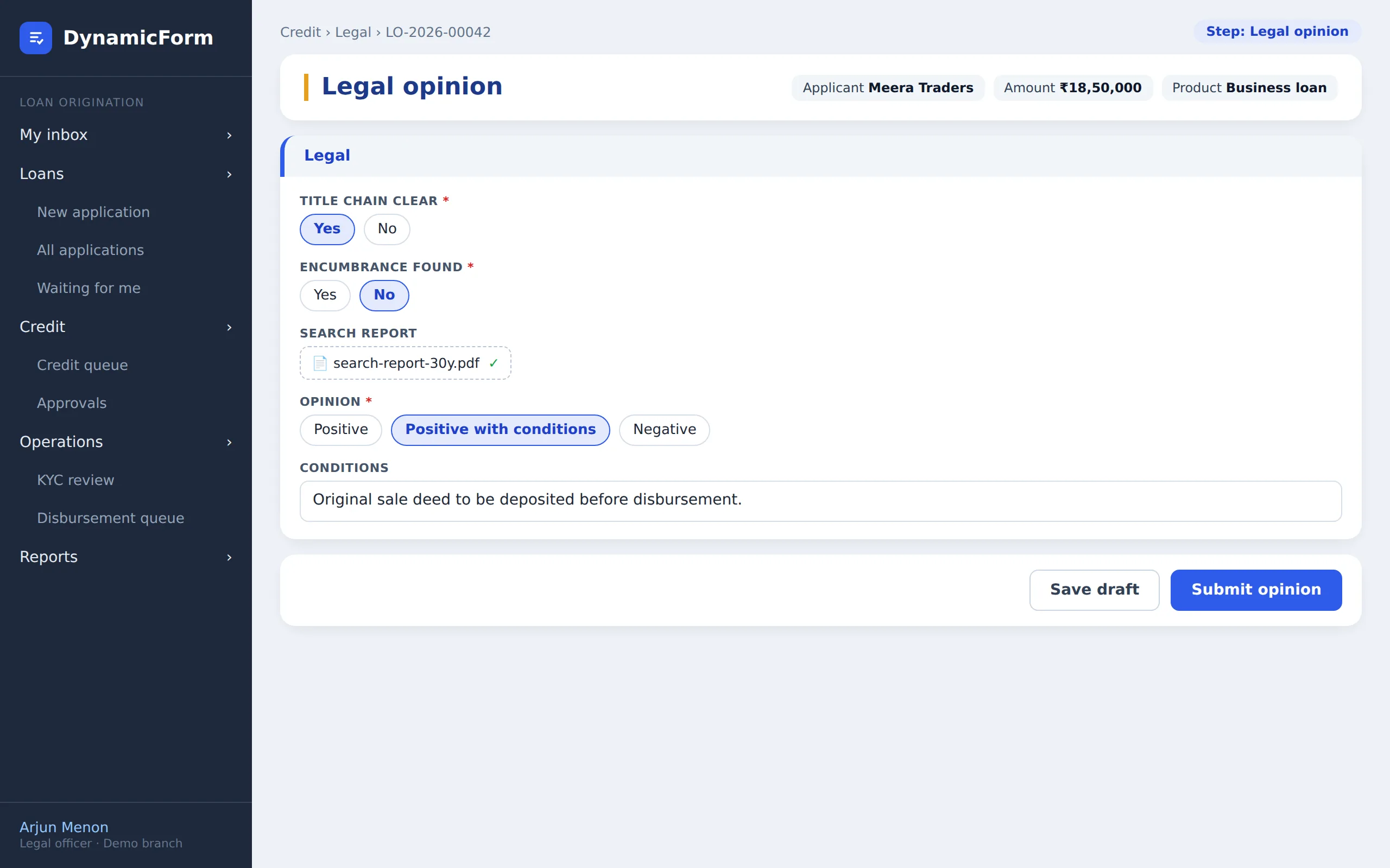 Legal opinion screen in the loan example (illustrative, invented data)