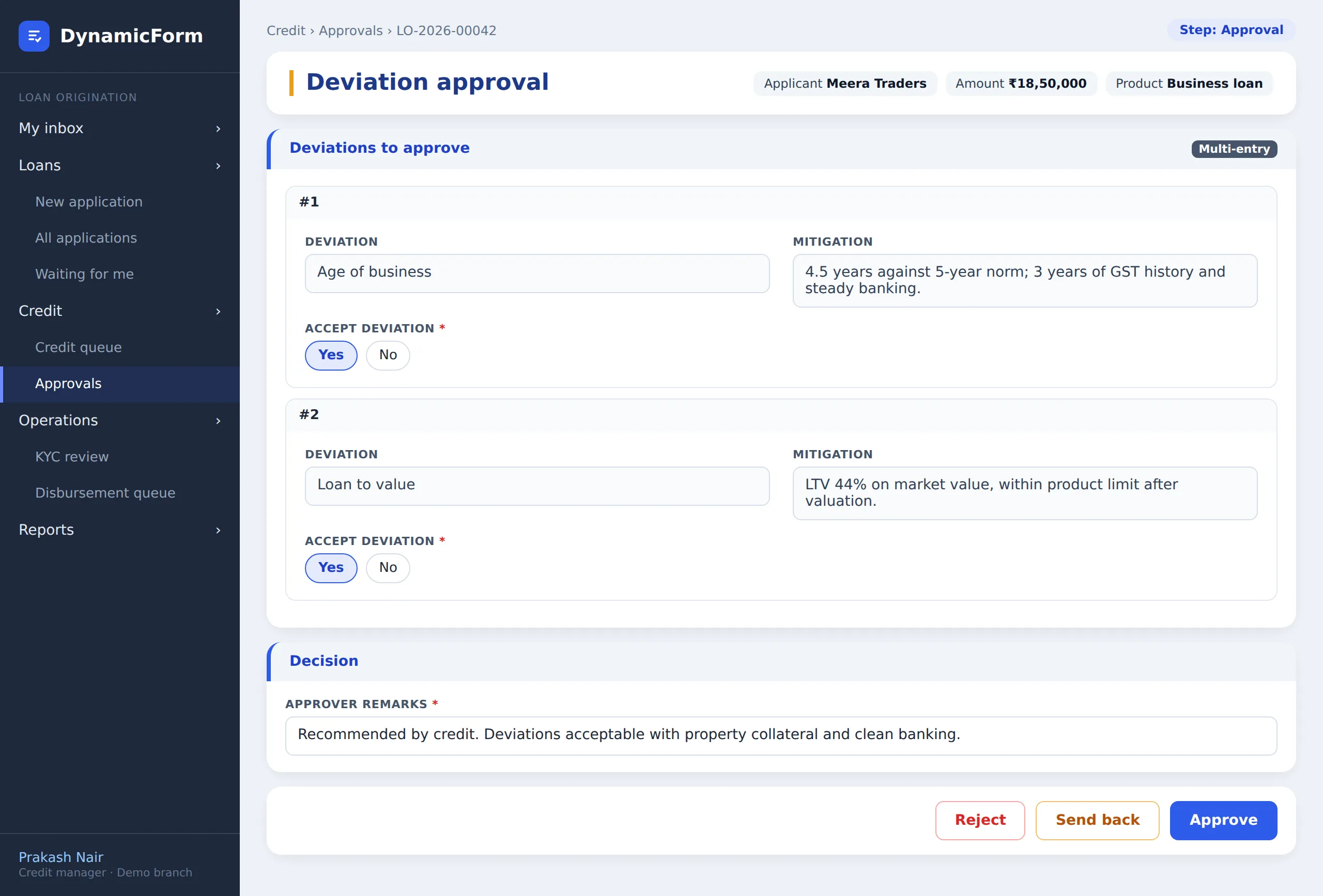 Deviation approval screen in the loan example (illustrative, invented data)