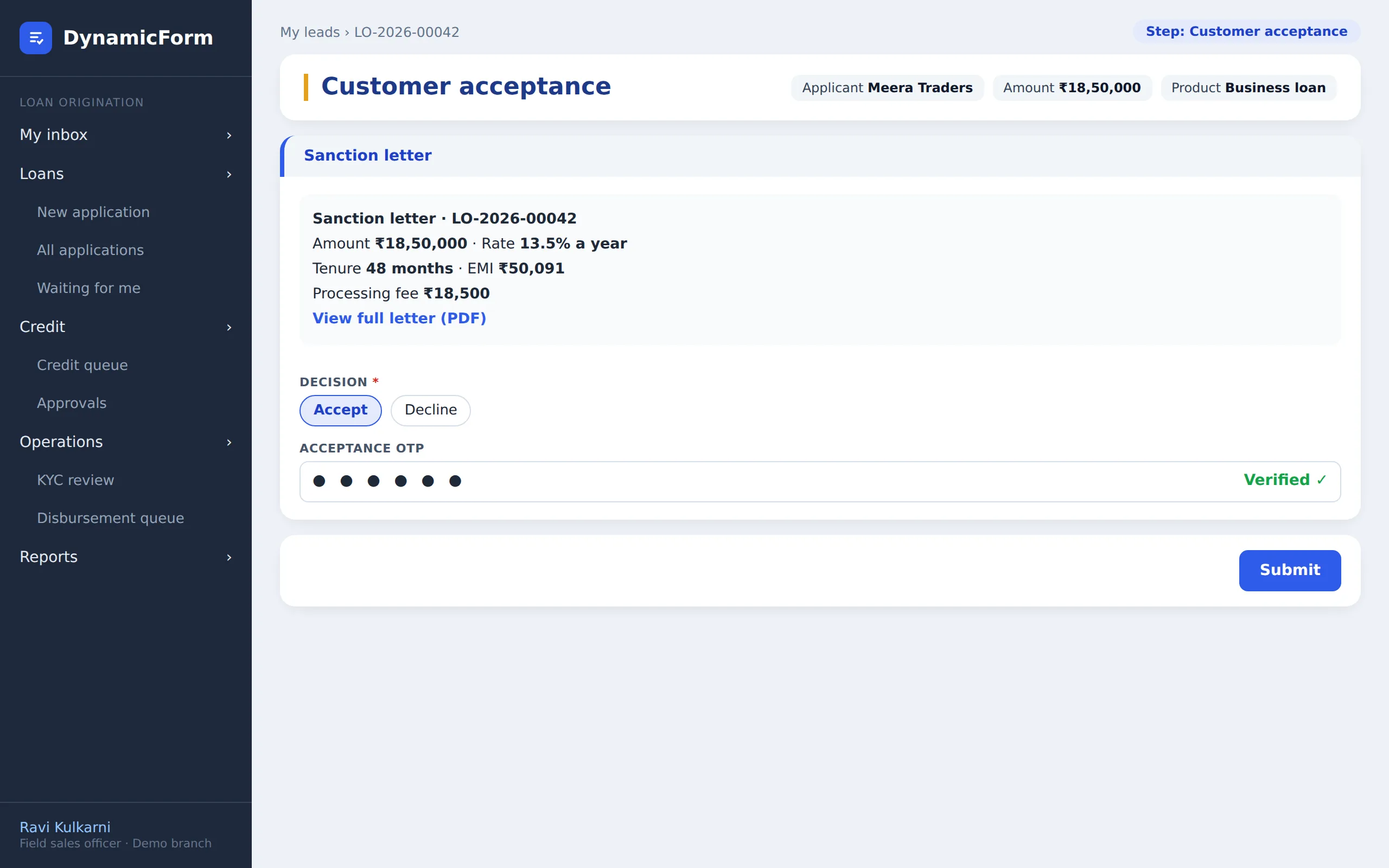 Customer acceptance screen in the loan example (illustrative, invented data)