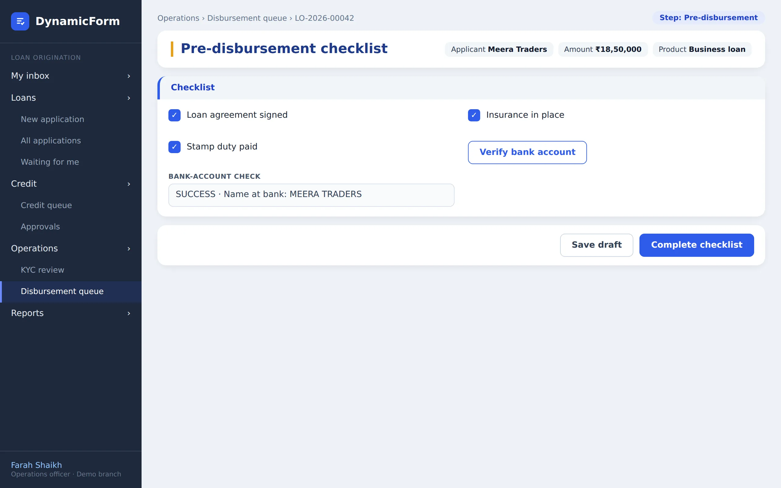 Pre-disbursement checklist screen in the loan example (illustrative, invented data)
