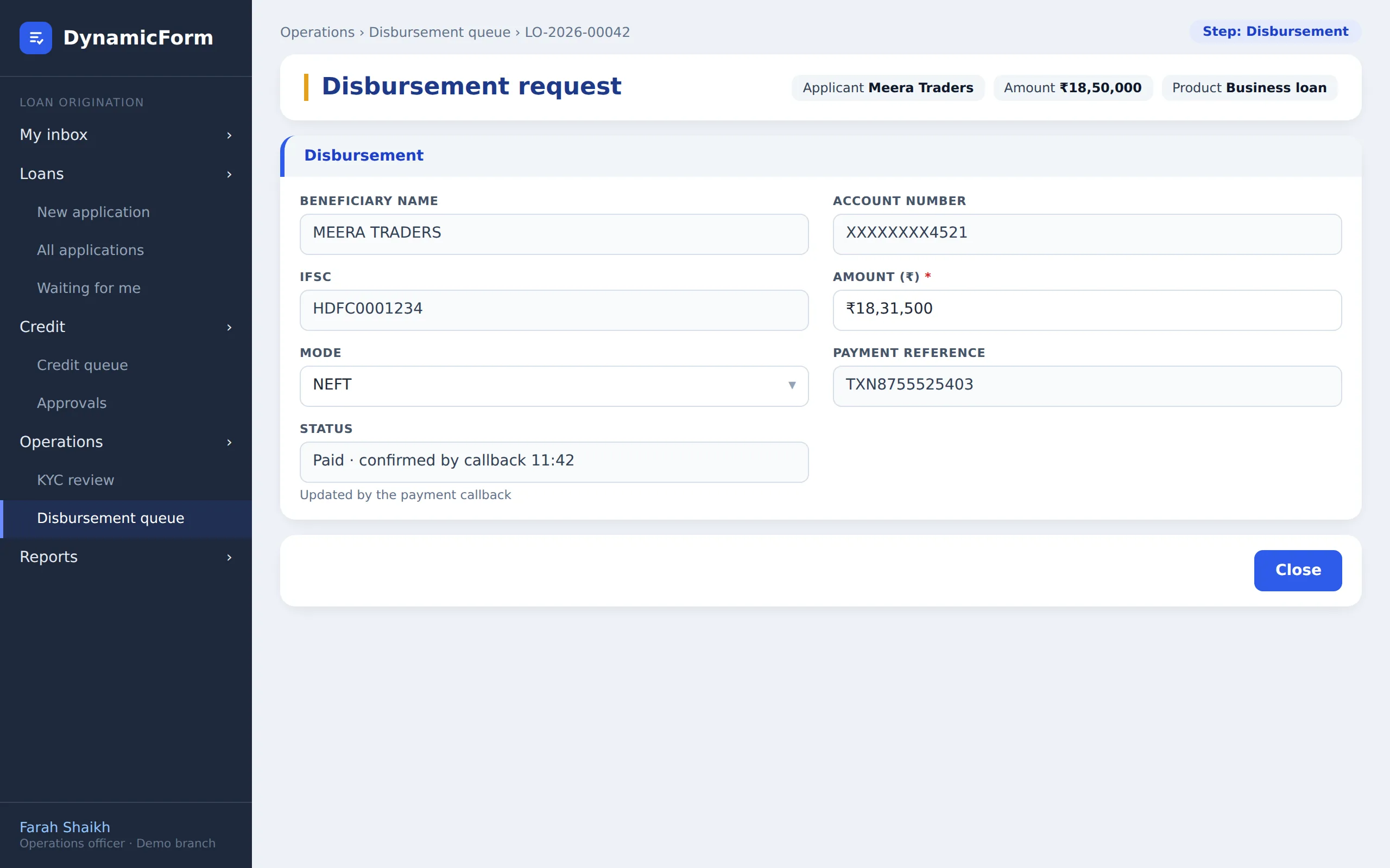 Disbursement request screen in the loan example (illustrative, invented data)